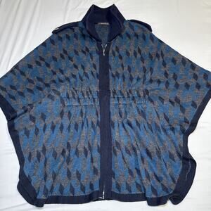 Heather B Poncho Womens Lg Wool Blend Blue Gray Full Zip Knit Sweater Cape EUC